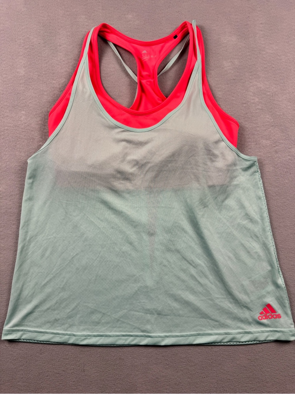 Adidas Racerback Tank Top Attached Bra Shirt Mint Pink Athletic Fitness Workout